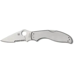 Spyderco UpTern Pocket Knife 2.84" Partially Serrated Drop Point 8Cr13MoV Satin Blade Stainless Steel Handle Stainless