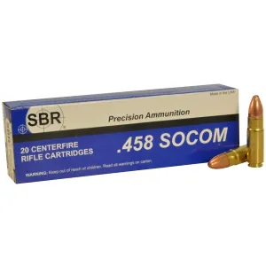 SBR 458 Socom Ammo 450 Grain Full Metal Jacket Box of 20
