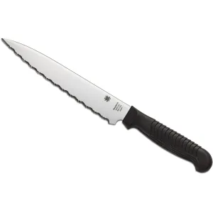 Spyderco Lightweight Kitchen Utility Knife 6.5" Fully Serrated Clip Point MBS-26 Stainless Satin Blade Fiberglass Reinforced Nylon (FRN) Handle Black