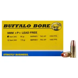 Buffalo Bore 9mm Luger +P+ Ammo 95 Grain Barnes TAC-XP Solid Hollow Point Lead Free Box of 20