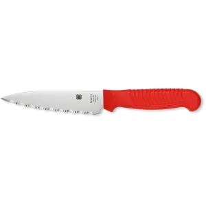 Spyderco Kitchen Utility Knife 4.5" Fully Serrated Clip Point MBS-26 Stainless Satin Blade Fiberglass Reinforced Nylon (FRN) Handle Red