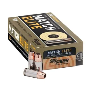 Sig Sauer Match Elite 9mm Luger Ammo 147 Grain Sig V-Crown Jacketed Hollow Point Box of 50