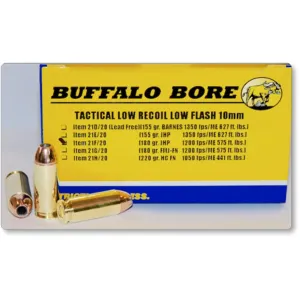 Buffalo Bore Tactical Low Recoil 10mm Auto Ammo 180 Grain Jacketed Hollow Point Box of 20