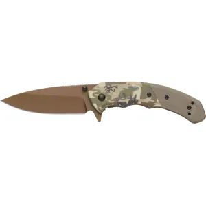 Browning Auric Assisted Opening Pocket Knife 3.375" Drop Point D2 Tan Blade G-10 and Aluminum Handle Camo