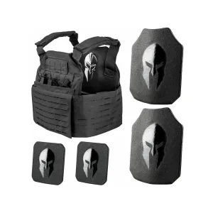Spartan Armor Achilles Plate Carrier with AR550 Body Armor Ballistic Plate III+ Single Curve Base Coat with Side Plates Black