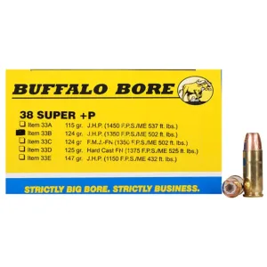 Buffalo Bore 38 Super +P Ammo 124 Grain Jacketed Hollow Point Box of 20