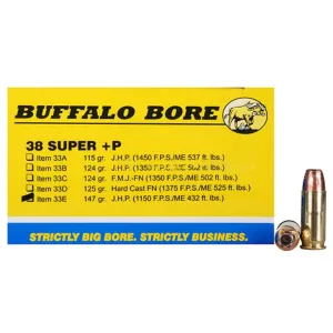 Buffalo Bore Outdoorsman 38 Super +P Ammo 147 Grain Jacketed Hollow Point Box of 20