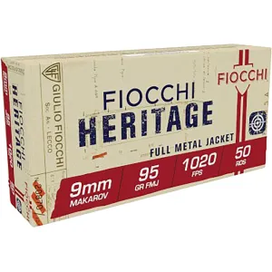 Fiocchi Heritage 9x18mm (9mm Makarov) Ammo 95 Grain Full Metal Jacket Box of 50
