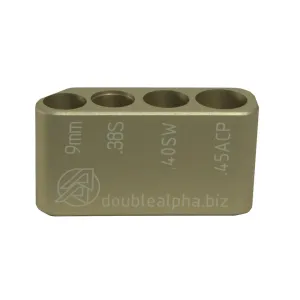 Double Alpha Golden Multi Caliber Cartridge Gauge 9mm, 38 Super, 40 S&W, 45 ACP Anodized Aluminum