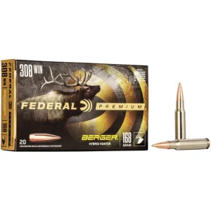Federal Premium 308 Winchester Ammo 168 Grain Berger Hybrid Hunter Jacketed Hollow Point Case of 200 (10 Boxes of 20)