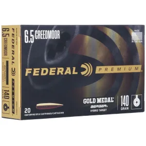 Federal Premium Gold Medal 6.5 Creedmoor Ammo 140 Grain Berger Hybrid Target Jacketed Hollow Point Case of 200 (10 Boxes of 20)
