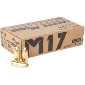 Sig Sauer M17 Military Grade 9mm Luger +P Ammo 124 Grain Full Metal Jacket Box of 50