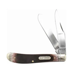 Old Timer Genuine Bone Gunstock Trapper Pocket Knife 3" Clip/Spey Point 9Cr18 Satin Blade Bone Handle