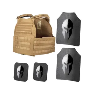 Spartan Armor Legion XL Plate Carrier with AR500 Body Armor Ballistic Plate III+ Single Curve Base Coat with Side Plates Coyote Brown