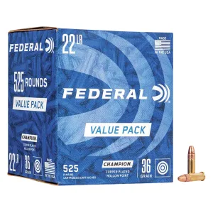Federal Champion 22LR Ammo 36 Grain Plated Hollow Point Case of 5250 (10 Boxes of 525)