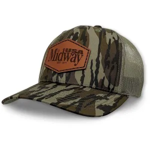 MidwayUSA Mens Richardson 112 Leather Patch Camo Trucker Hat Mossy Oak Original Bottomland/Loden