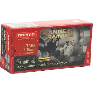 Norma Range & Training 9mm Luger Ammo 124 Grain Full Metal Jacket Box of 50
