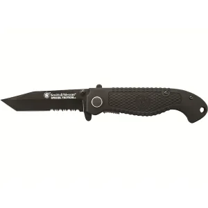 Smith & Wesson Special Tactical Pocket Knife 3.5" Partially Serrated Tanto Point 7Cr17MoV Black Blade Rubber Handle Black