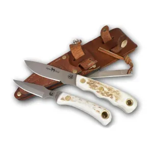 Knives of Alaska Alpha Wolf/Cub Bear Combo Fixed Blade Knife Set Stag Handles with Alpha Wolf Drop-Point Hunter Knife, Cub Bear Caping Knife and Leather Sheath