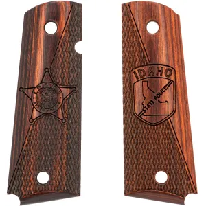 Kimber Idaho State Police Engraved Smooth / Checkered Rosewood Laminate Grips for Full Sized 1911 Pistols