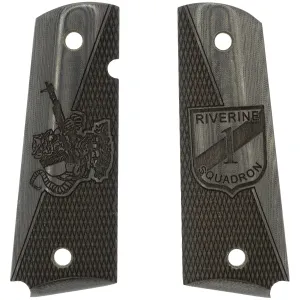 Kimber Riverine Squadron 1 Inspired Engraving Smooth / Checkered Black Linen Micarta Grips for Full Sized 1911 Pistols