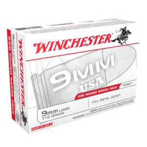 WINCHESTER USA 9mm 115Gr FMJ 200 Rounds/Box Handgun Ammo (USA9W)