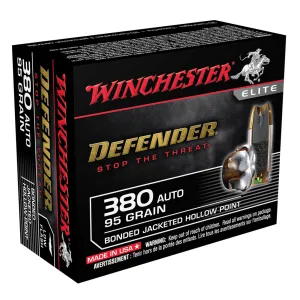 WINCHESTER PDX1 Defender 380 ACP 95Gr Jacketed Hollow Point 20rd/Box Handgun Ammo (S380PDB)