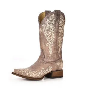 CORRAL Womens Crater Bone Embroidery Brown Square Toe Boots (A2663-LD)