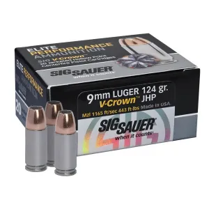 SIG SAUER Elite V-Crown 9mm 124Gr JHP 20rd Box Ammo (E9MMA2-20)
