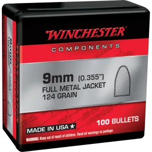 WINCHESTER AMMO Components 9mm FMJ Flat Base 124 Grain 100 Handgun Bullets (WB9MC124X)