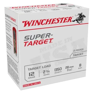 Winchester Ammo Super Target 12 GA 2-3/4in 1oz 1350 FPS #8 Shotshell 25 Round Box (TRGT13508)