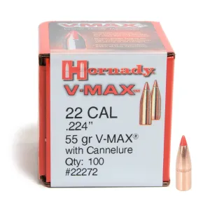 HORNADY V-Max 22 Cal .224 55Gr With Cannelure 100 Per Box Bullets (22271)