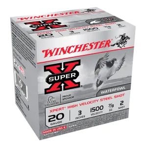 WINCHESTER AMMO Super X 20Ga 3in 2 Shot Xpert Hi-Velocity Steel Shot 25/250 Shotgun Shells (WEX2032)