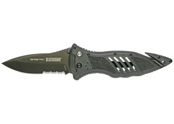 BLACKHAWK! CQD Mark I Type E Folding Pocket Knife 3.75 Serrated Spear Point AUS 8A PVD Coated Stainless Steel Blade Polymer Handle Black