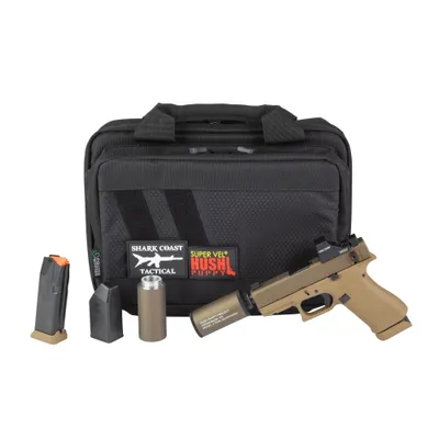 Glock 43X Hush Puppy Flat Dark Earth 9mm 3.9 Barrel 15-Rounds w/ Holosun 407K  Hush Puppy 2 Suppressor