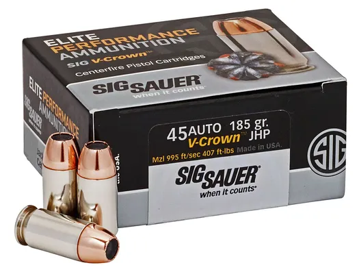 SIG SAUER ELITE V-CROWN 45ACP 185GR JACKETED HOLLOW POINT (JHP) 50 ROUNDS PER BOX