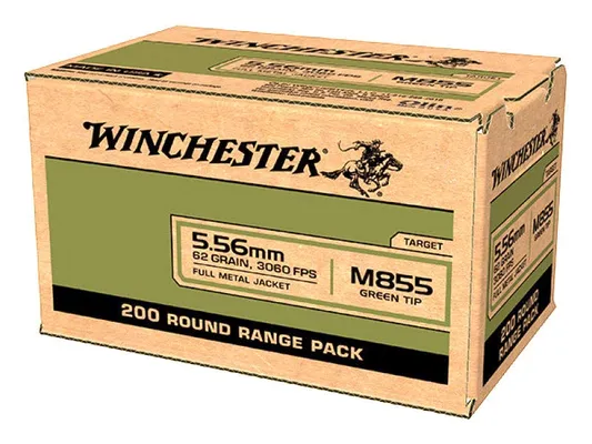 Winchester USA M855 Brass 5.56 NATO 62-Grains 200-Rounds Bulk Full Metal Jacket